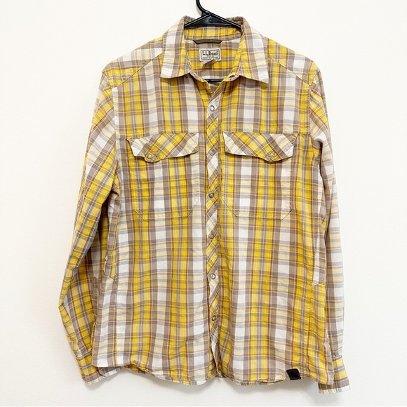 LL Bean Mens Plaid Button Down Hiking Shirt Size Medium yellow camping gorpcore - Picture 1 of 8